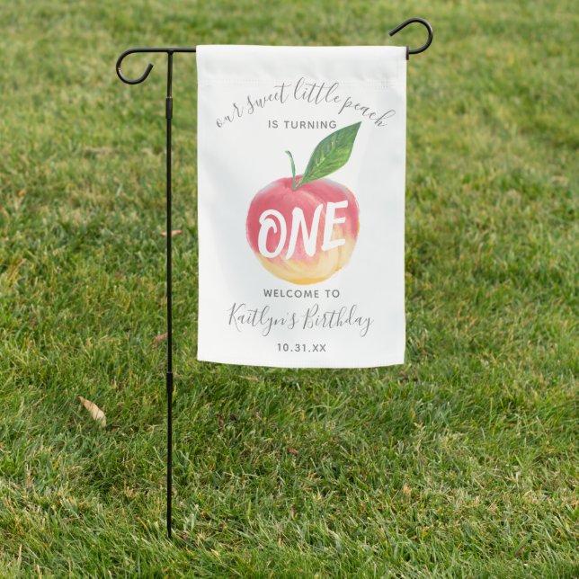 Sweet Little Peach 1st Birthday Welcome Garden Flag (In SItu)