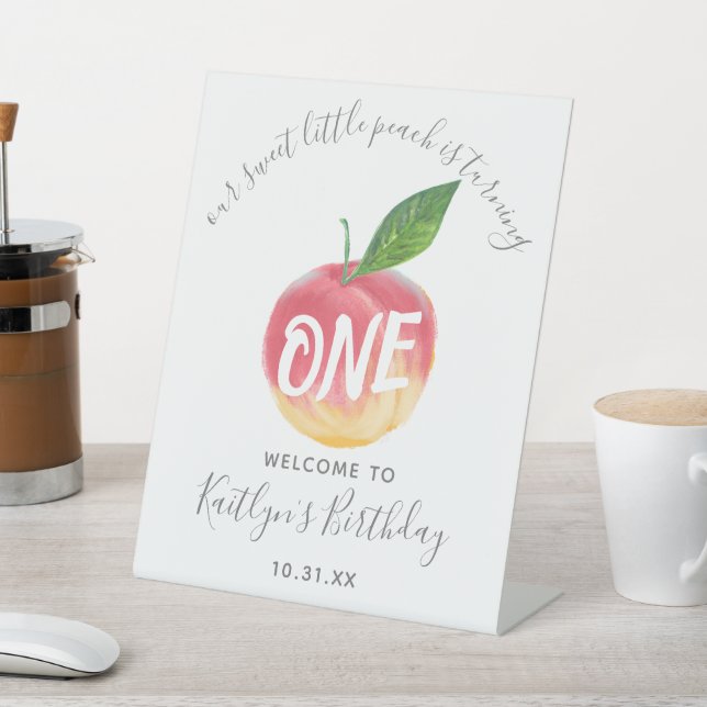 Sweet Little Peach 1st Birthday Welcome Pedestal Sign (In SItu)