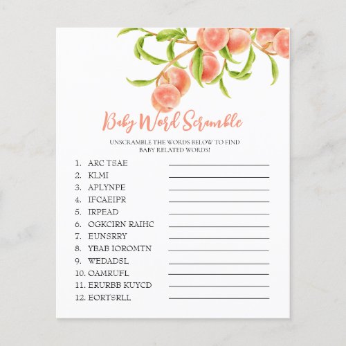 Sweet Little Peach Baby Shower  Word Scramble Game