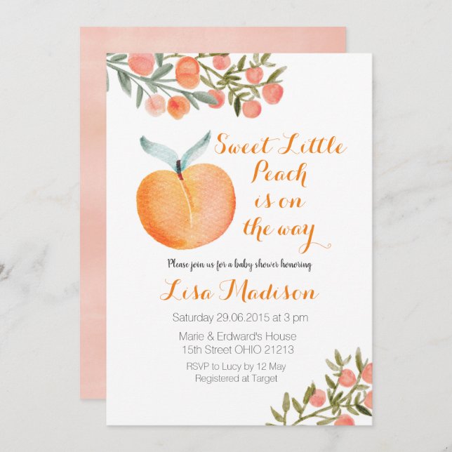 Sweet Little Peach is on the way Baby Shower Invitation (Front/Back)