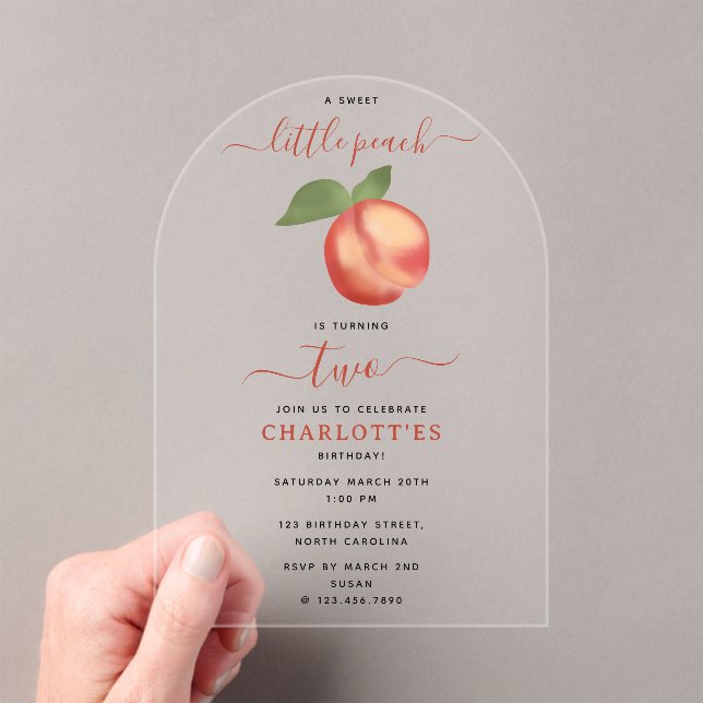 Sweet Little Peach Kids Birthday Party Acrylic Invitations (Insitu (Handheld))