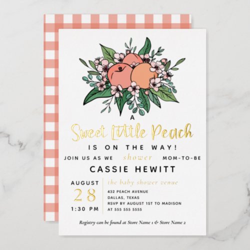 Sweet Little Peach On the Way Baby Shower Foil Inv Foil Invitation