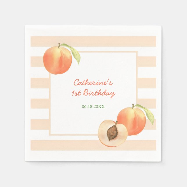 Sweet Little Peach Stripes Girl Birthday Napkins (Front)