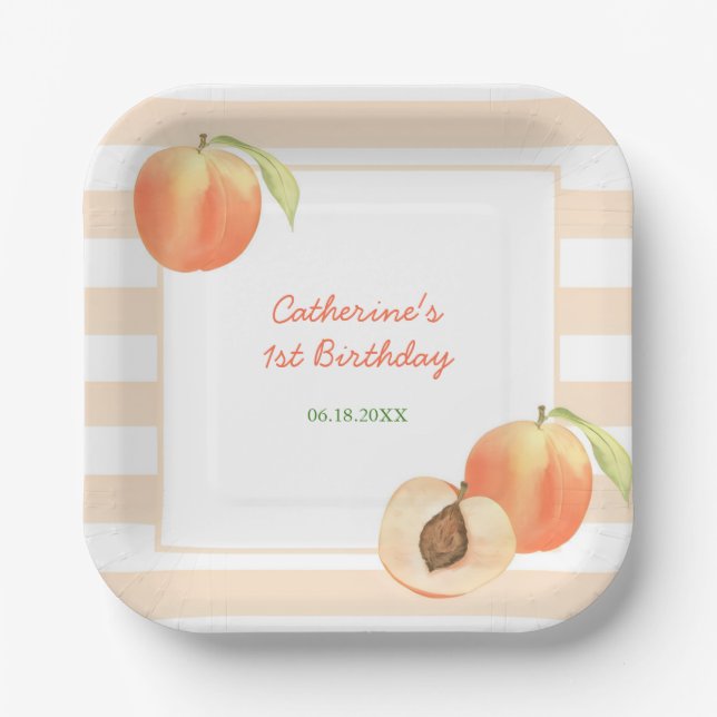 Sweet Little Peach Stripes Girl Birthday Paper Plates (Front)