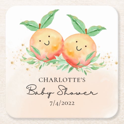 Sweet Little Peaches Its Twins Square Paper Coaster