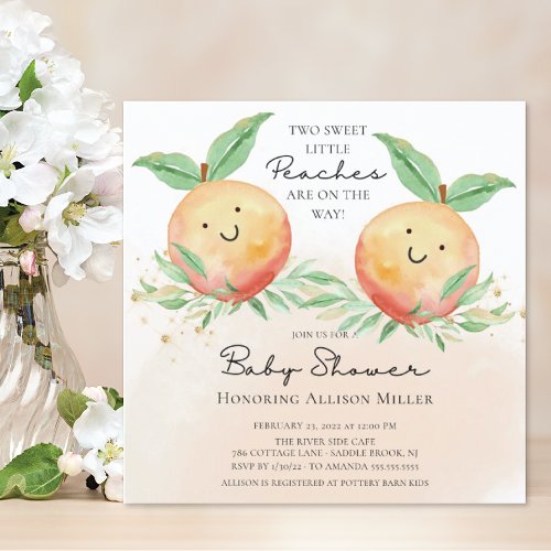 Sweet Little Peaches Twins Baby Shower  Invitation
