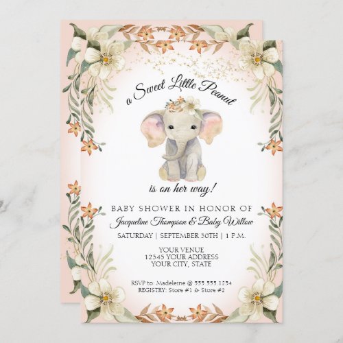 Sweet Little Peanut Elephant Floral Baby Shower Invitation