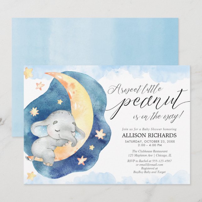 Sweet little peanut elephant moon boy baby shower invitation (Front/Back)