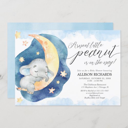 Sweet little peanut elephant moon boy baby shower invitation