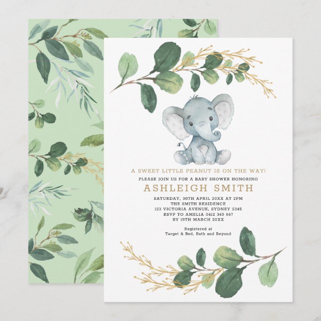 Sweet Little Peanut Greenery Elephant Baby Shower Invitation (Front/Back)