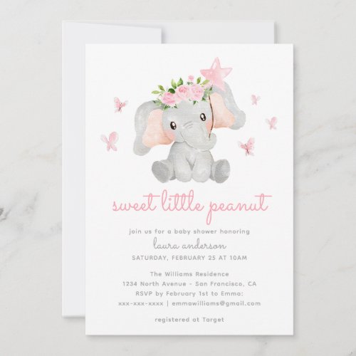 Sweet Little Peanut Pink Elephant Baby Showe Invitation
