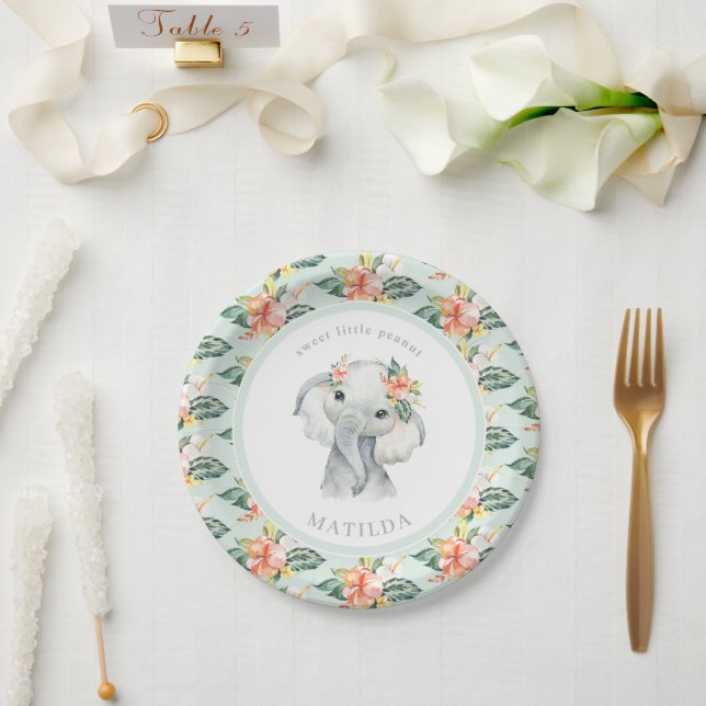 Sweet little peanut sage green elephant floral paper plates (Wedding)