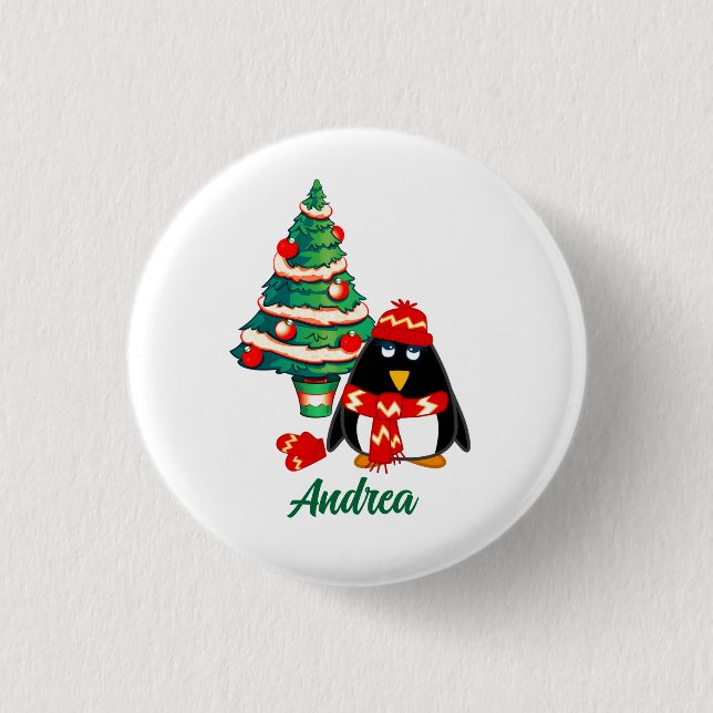 Sweet Little Penguin Custom Name  Christmas Gift  Pinback Button (Front)