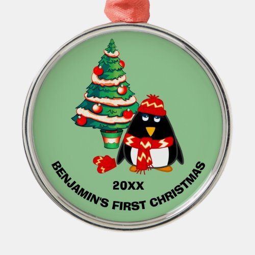 Sweet Little Penguin  Custom Name Christmas Metal Ornament