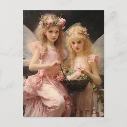 Sweet Little Pink Girl Fairies  Postcard