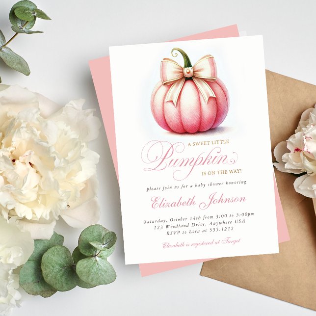 Sweet Little Pink Pumpkin Baby Shower Invitation (Celebrate your little one with our Sweet Little Pink Pumpkin Baby Shower Invitation. )