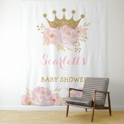 Sweet Little Princess Blush Floral Gold Crown Baby Tapestry