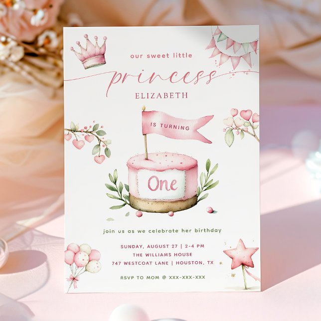 Sweet Little Princess Pink Cake 1st Birthday Invitation (Creator Uploaded)