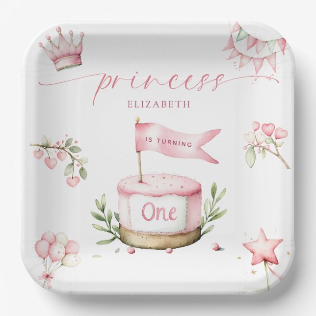 Sweet Little Princess Pink Cake 1st Birthday Paper Plates (Front)