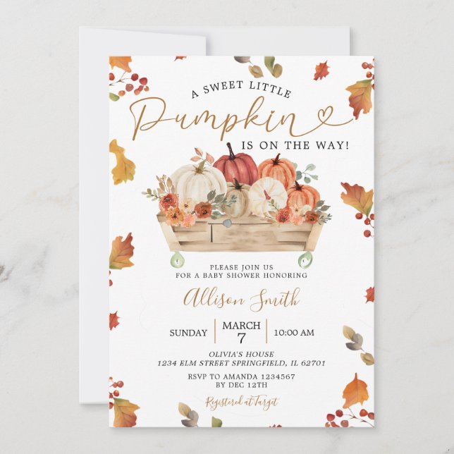 Sweet Little Pumpkin Autumn Leaves Baby Shower Invitation (Front)