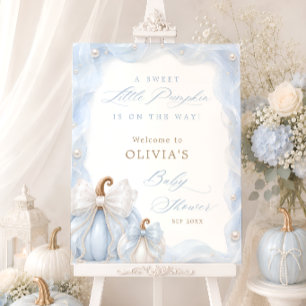 Sweet Little Pumpkin Blue Bow Baby Shower Welcome Foam Board