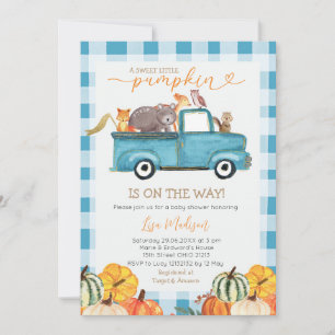 Sweet Little Pumpkin Blue Gingham Fall Baby Shower Invitation