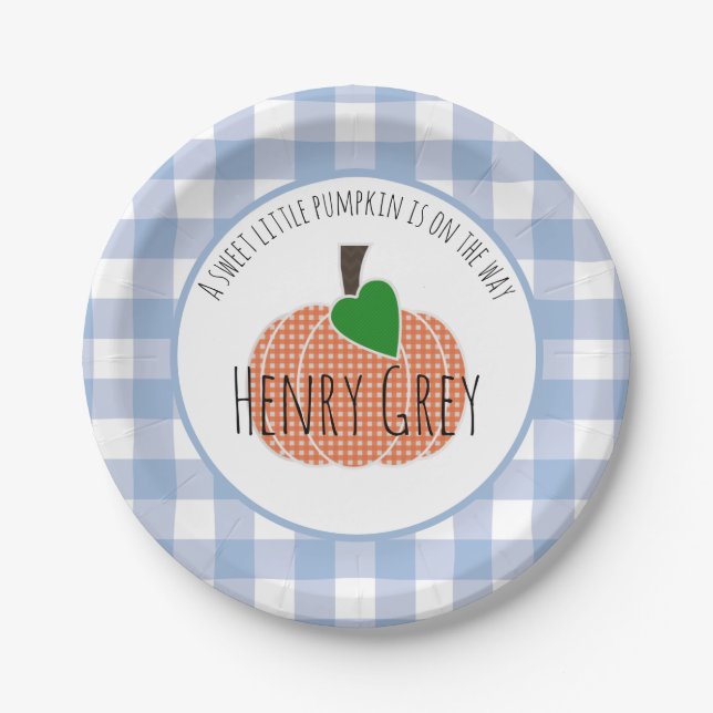 Sweet Little Pumpkin Blue Plaid Baby Shower Boy Paper Plates (Front)