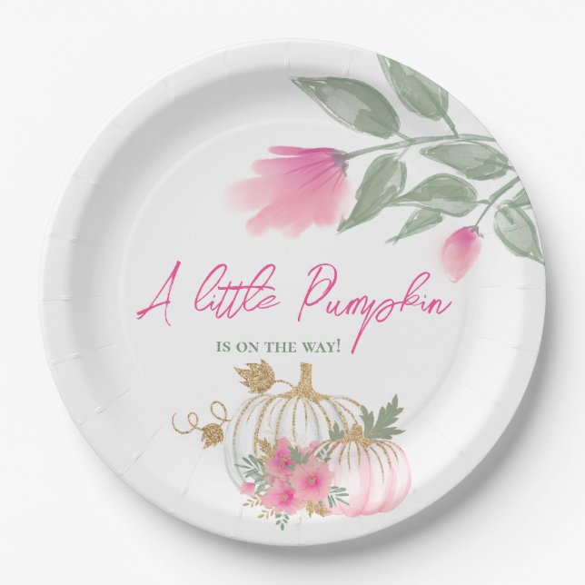 Sweet Little Pumpkin Blush Pink Gold White Floral Paper Plates (Front)