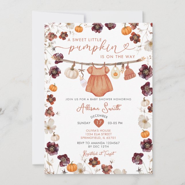 Sweet Little Pumpkin Boho Baby Clothes Baby Shower Invitation (Front)
