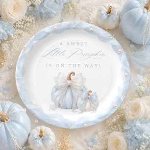 Sweet Little Pumpkin Bow Blue Baby Shower Paper Plates