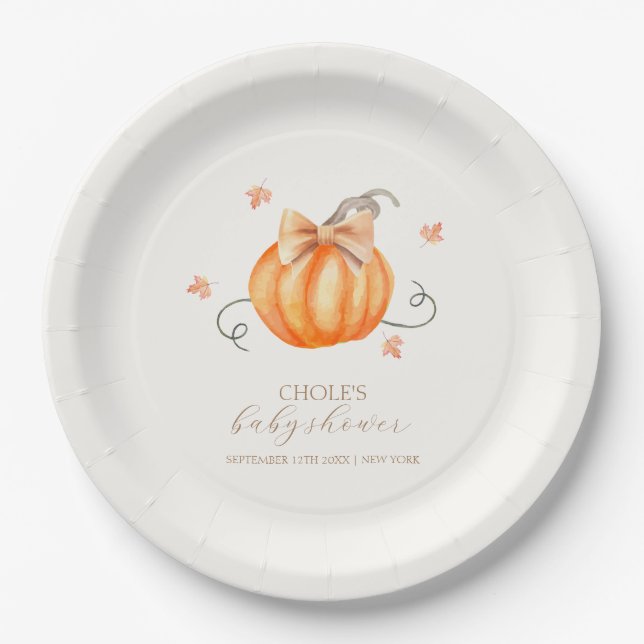 Sweet Little Pumpkin Bow Fall Baby Shower  Paper Plates (Front)