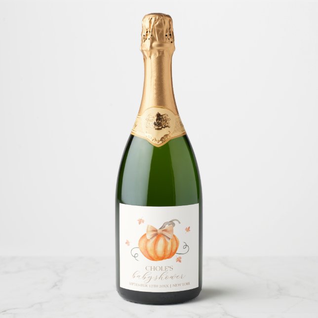 Sweet Little Pumpkin Bow Fall Baby Shower  Sparkling Wine Label (Front)