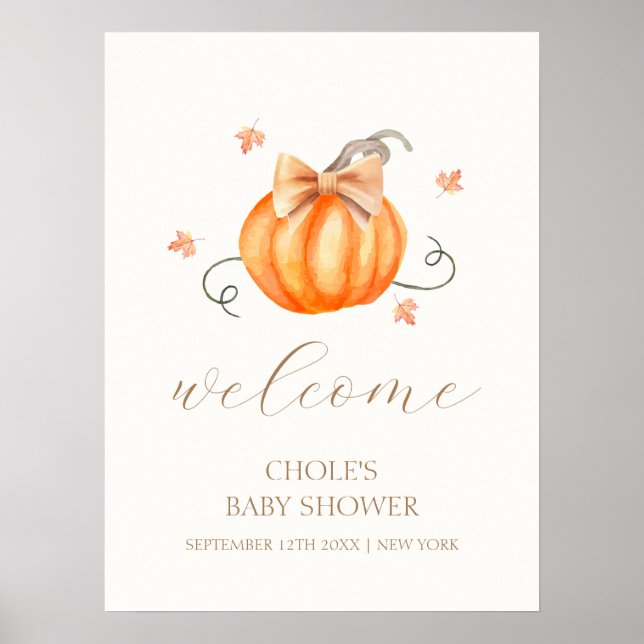 Sweet Little Pumpkin Bow Fall Baby Shower Welcome  Poster (Front)