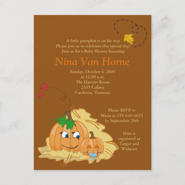 Sweet little Pumpkin Fall Baby Shower Invitation Postcard (Front)