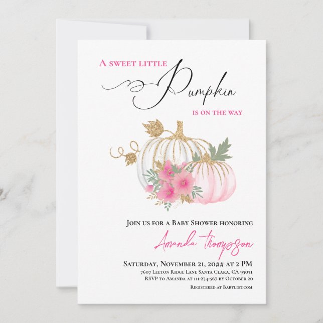 Sweet Little Pumpkin Gold Pink Baby Shower Invitation (Front)