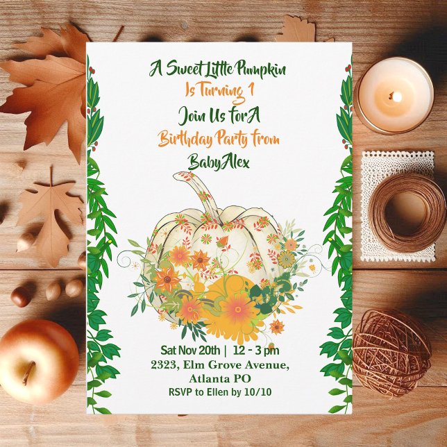 Sweet Little Pumpkin Greenery Fall Colors Birthday Invitation (Sweet Little Pumpkin Greenery Fall Colors Birthday Invitation)