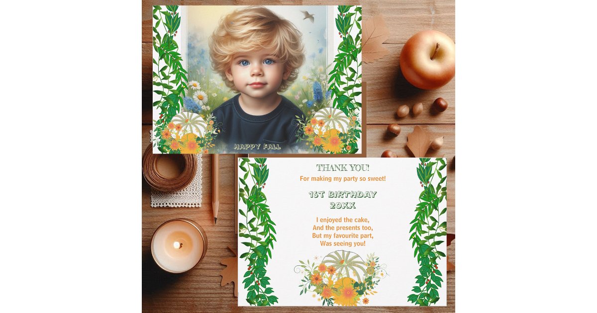 Sweet Little Pumpkin Greenery Fall Colors Birthday Thank You Card | Zazzle