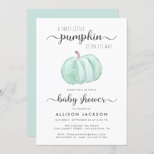 Sweet Little Pumpkin Mint Watercolor Baby Shower Invitation