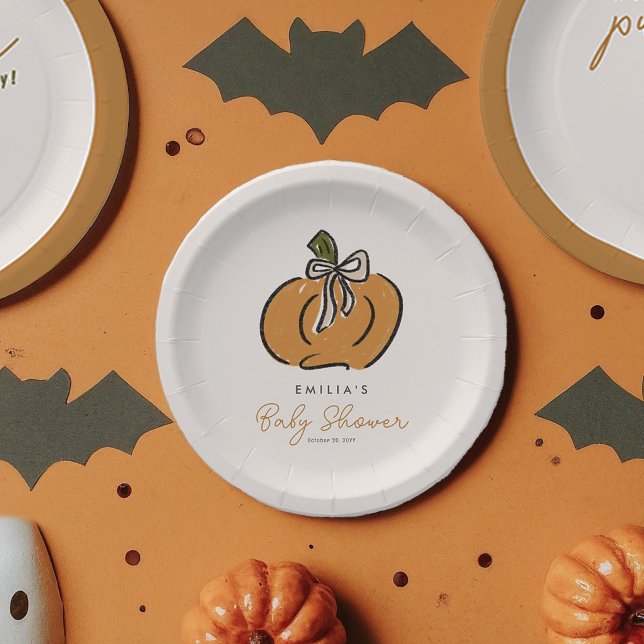 Sweet Little Pumpkin On The Way Cute Baby Shower  Paper Plates (A sweet little pumpkin is on the way! Cute Halloween baby shower personalized party paper plates.)