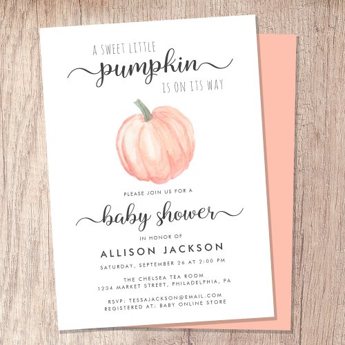 Sweet Little Pumpkin Orange Watercolor Baby Shower Invitation