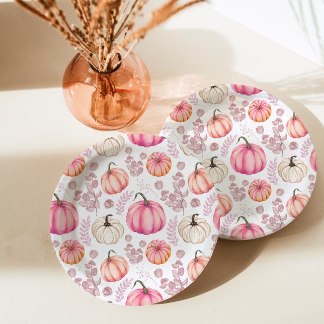 Sweet Little Pumpkin Pink Autumn Baby Shower Paper Plates (Creator Uploaded)
