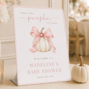 Sweet Little Pumpkin Pink Bow Girl Baby Shower Pedestal Sign