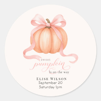 Sweet Little pumpkin pink bow is on the way Classic Round Sticker