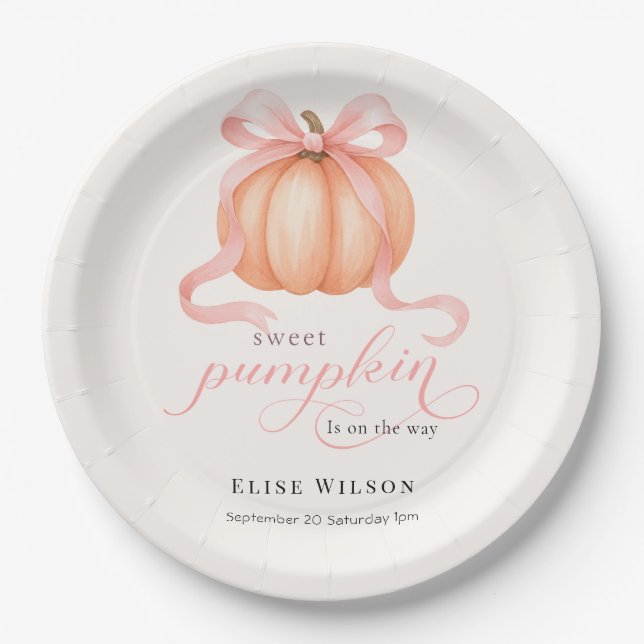Sweet Little pumpkin pink bow is on the way Paper Plates (Front)