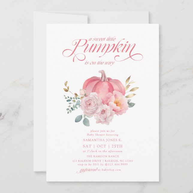 Sweet Little Pumpkin Pink Floral Fall Baby Shower Invitation (Front)