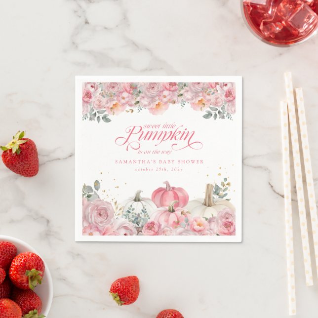 Sweet Little Pumpkin Pink Floral Fall Baby Shower Napkins (Insitu)