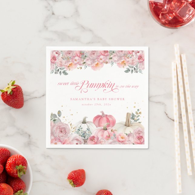 Sweet Little Pumpkin Pink Floral Fall Baby Shower Napkins (Insitu)