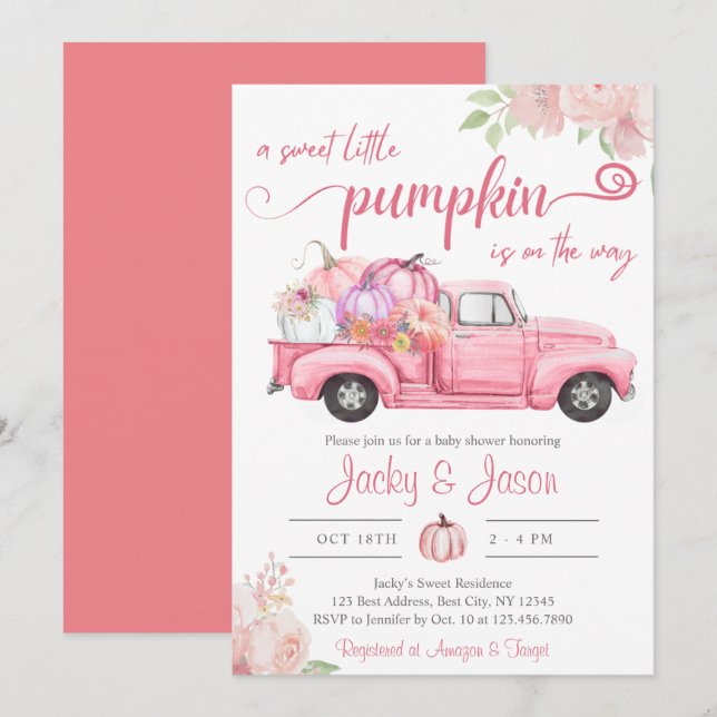 Sweet Little Pumpkin Pink Girl Baby Shower Invitation (Front/Back)