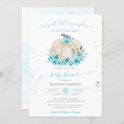 Sweet Little Pumpkin Turquoise Blue Baby Shower Invitation