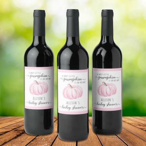 Sweet Little Pumpkin Watercolor Baby Girl Shower Wine Label
